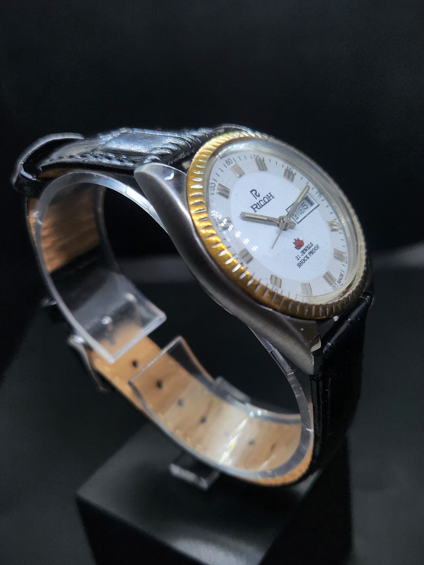 Vintage Ricoh R31 Automatic White Face New Strap 21 Jewels Day-Date Men's Wrist Watch AS13