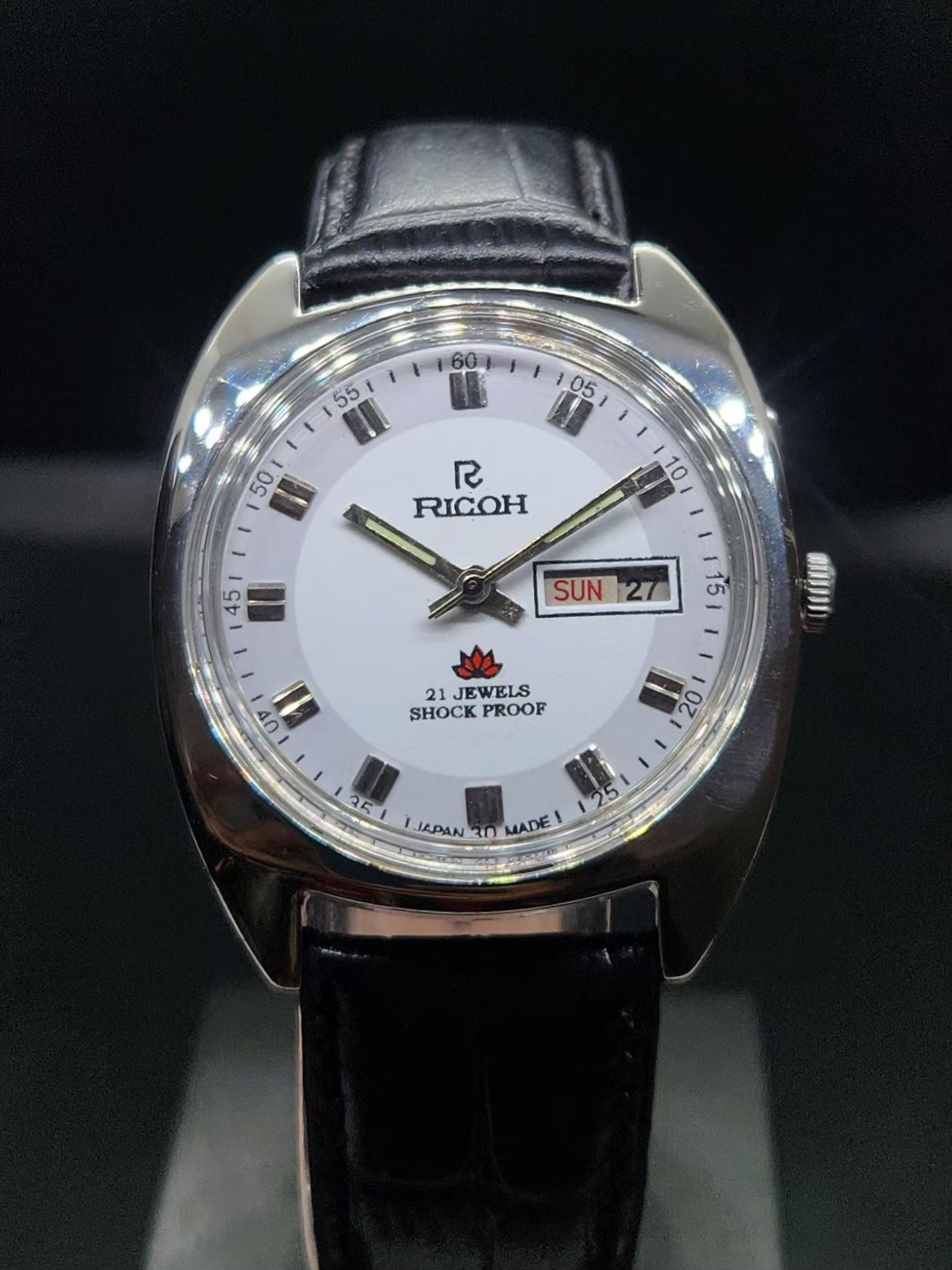 Vintage Ricoh R31 Automatic White Face New Strap 21 Jewels Day-Date Men's Wrist Watch AS14