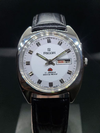 Vintage Ricoh R31 Automatic White Face New Strap 21 Jewels Day-Date Men's Wrist Watch AS14