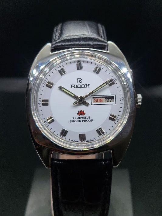 Vintage Ricoh R31 Automatic White Face New Strap 21 Jewels Day-Date Men's Wrist Watch AS14
