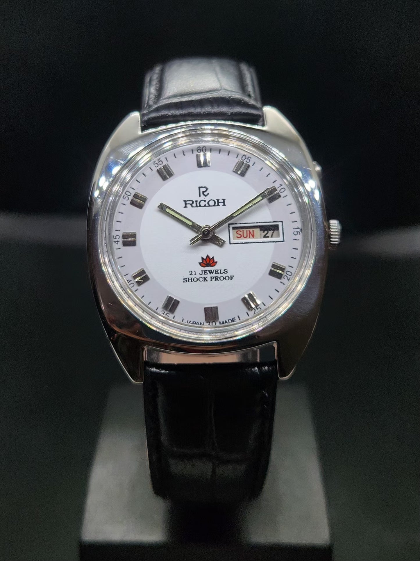 Vintage Ricoh R31 Automatic White Face New Strap 21 Jewels Day-Date Men's Wrist Watch AS14