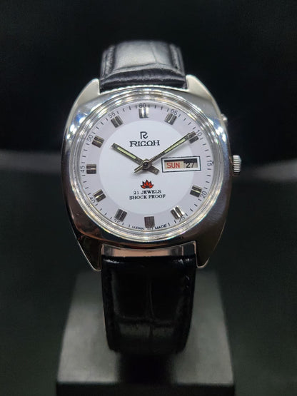 Vintage Ricoh R31 Automatic White Face New Strap 21 Jewels Day-Date Men's Wrist Watch AS14