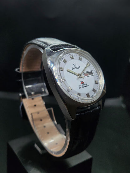 Vintage Ricoh R31 Automatic White Face New Strap 21 Jewels Day-Date Men's Wrist Watch AS14