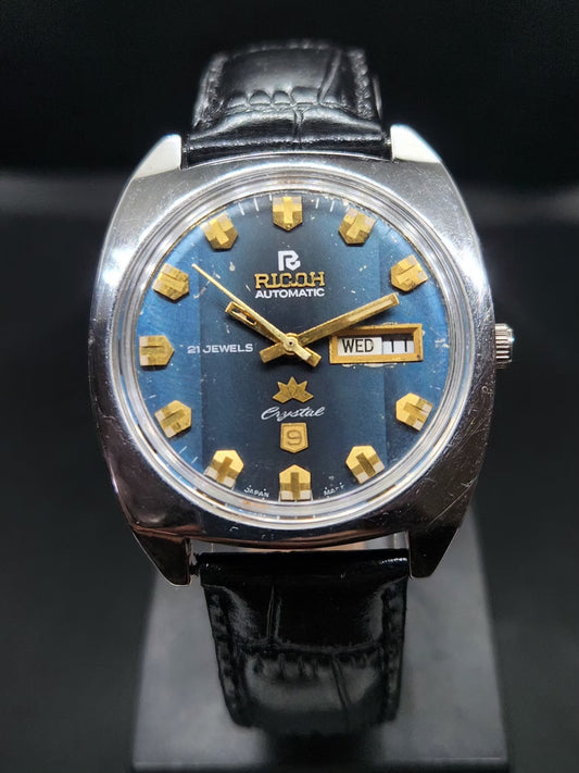 Vintage Ricoh R31 Automatic Blue Face New Strap 21 Jewels Day-Date Men's Wrist Watch AS15