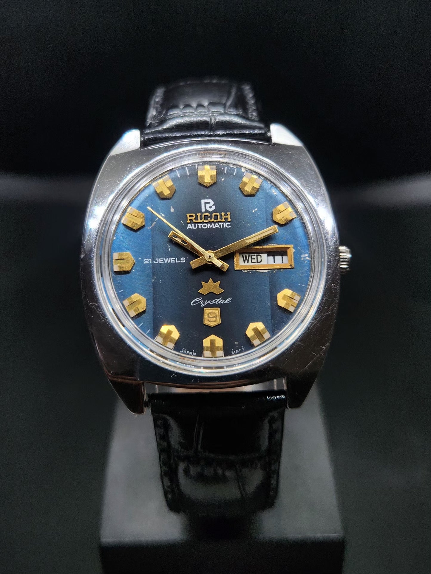 Vintage Ricoh R31 Automatic Blue Face New Strap 21 Jewels Day-Date Men's Wrist Watch AS15
