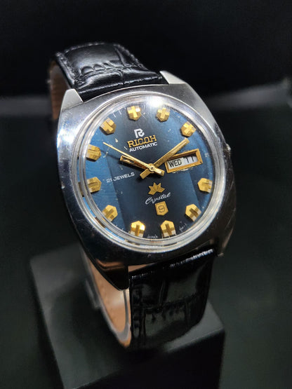 Vintage Ricoh R31 Automatic Blue Face New Strap 21 Jewels Day-Date Men's Wrist Watch AS15