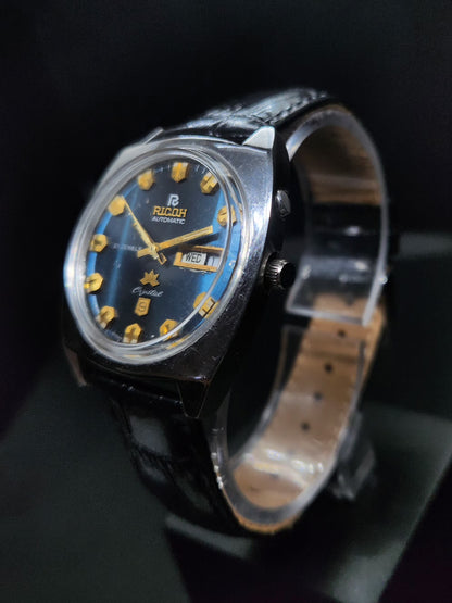 Vintage Ricoh R31 Automatic Blue Face New Strap 21 Jewels Day-Date Men's Wrist Watch AS15