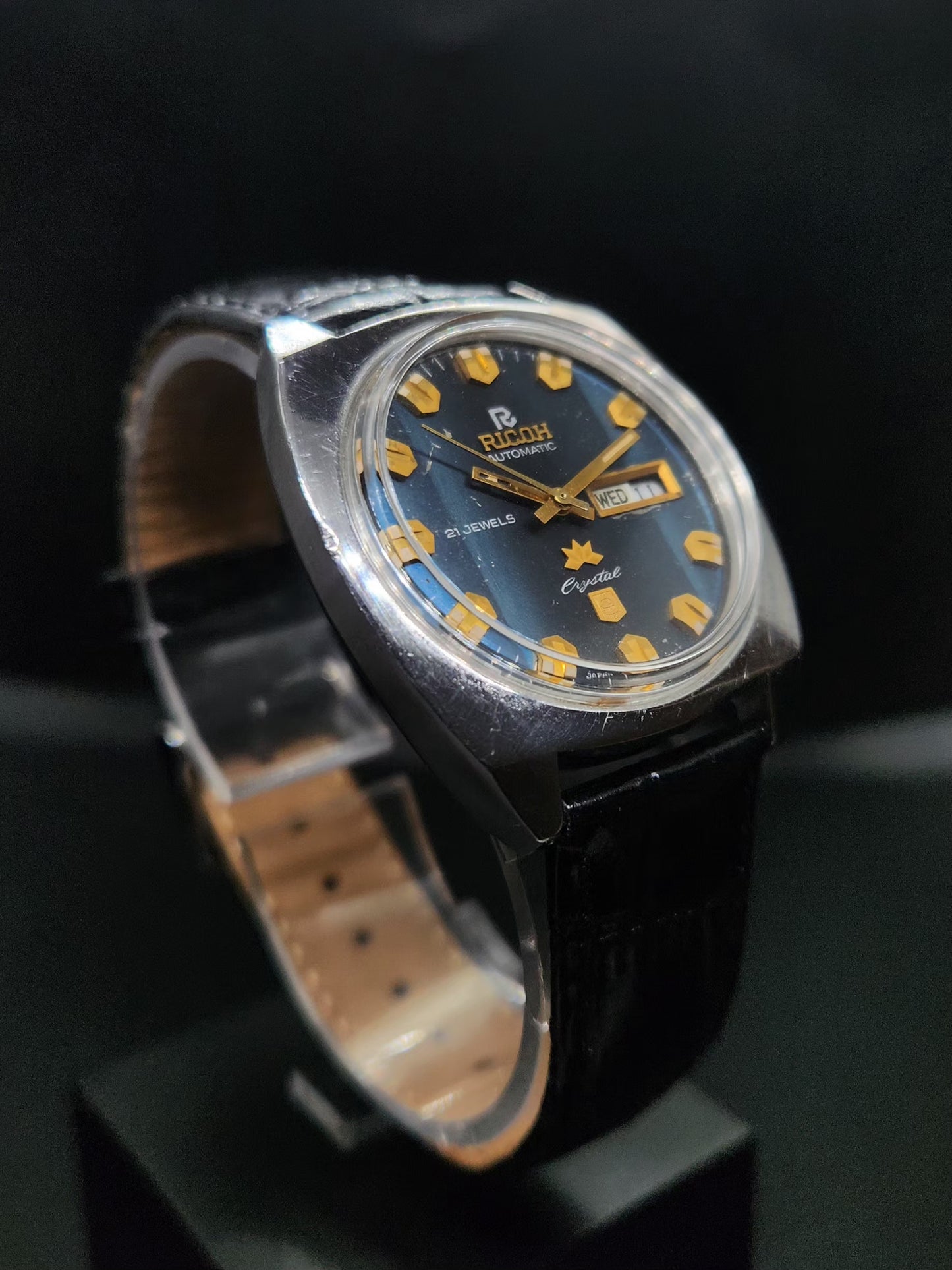 Vintage Ricoh R31 Automatic Blue Face New Strap 21 Jewels Day-Date Men's Wrist Watch AS15