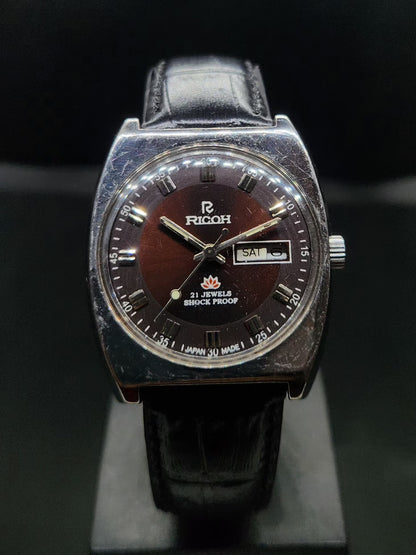 Vintage Ricoh R31 Automatic Brown Face New Strap 21 Jewels Day-Date Men's Wrist Watch AS16