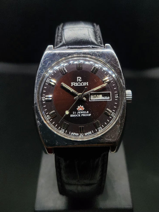 Vintage Ricoh R31 Automatic Brown Face New Strap 21 Jewels Day-Date Men's Wrist Watch AS16
