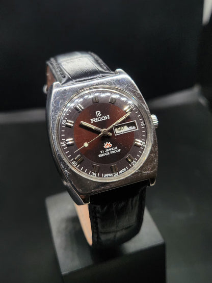 Vintage Ricoh R31 Automatic Brown Face New Strap 21 Jewels Day-Date Men's Wrist Watch AS16