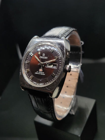 Vintage Ricoh R31 Automatic Brown Face New Strap 21 Jewels Day-Date Men's Wrist Watch AS16