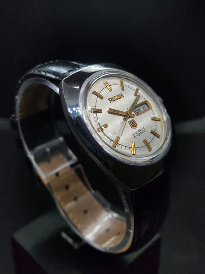 Vintage Ricoh R31 Automatic Silver Face New Strap 21 Jewels Day-Date Men's Wrist Watch AS17