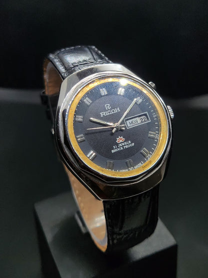 Vintage Ricoh R31 Automatic Black Face New Strap 21 Jewels Day-Date Men's Wrist Watch AS18