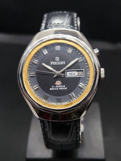 Vintage Ricoh R31 Automatic Black Face New Strap 21 Jewels Day-Date Men's Wrist Watch AS18