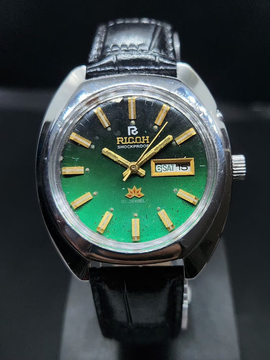 Vintage Ricoh R31 Automatic Green Face New Strap 21 Jewels Day-Date Men's Wrist Watch AS19