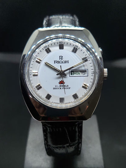 Vintage Ricoh R31 Automatic White Face New Strap 21 Jewels Day-Date Men's Wrist Watch AS20