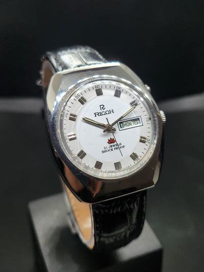 Vintage Ricoh R31 Automatic White Face New Strap 21 Jewels Day-Date Men's Wrist Watch AS20