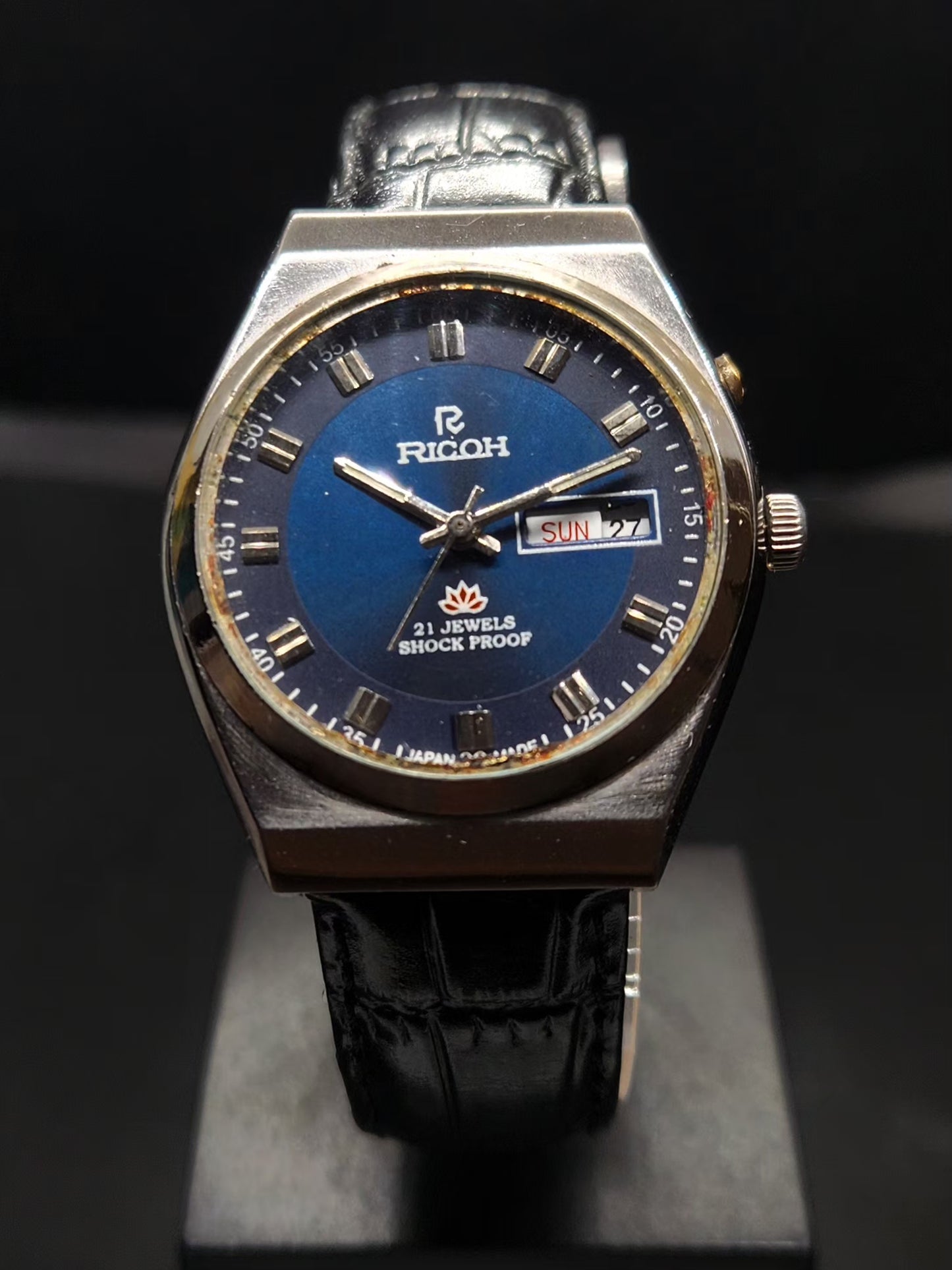Vintage Ricoh R31 Automatic Blue Face New Strap 21 Jewels Day-Date Men's Wrist Watch AS21