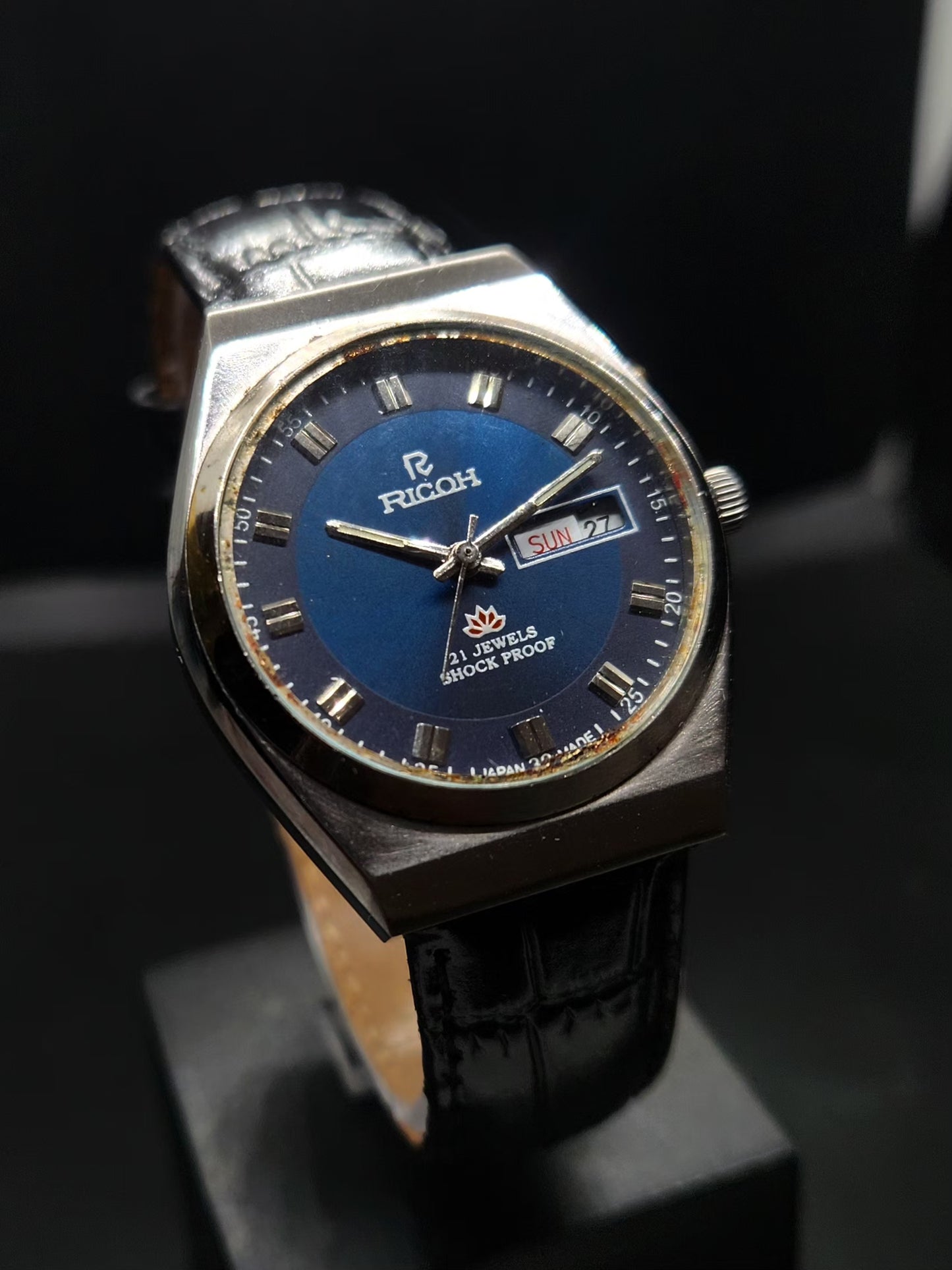Vintage Ricoh R31 Automatic Blue Face New Strap 21 Jewels Day-Date Men's Wrist Watch AS21
