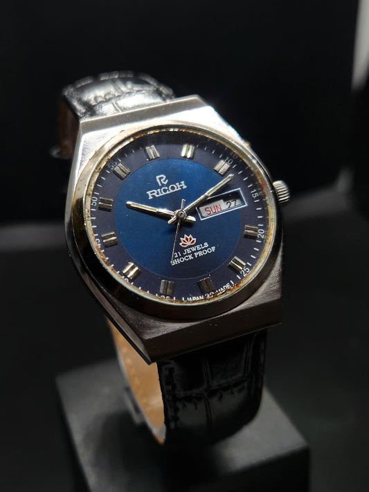 Vintage Ricoh R31 Automatic Blue Face New Strap 21 Jewels Day-Date Men's Wrist Watch AS21