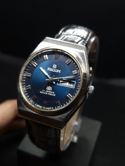 Vintage Ricoh R31 Automatic Blue Face New Strap 21 Jewels Day-Date Men's Wrist Watch AS21