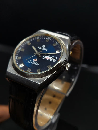 Vintage Ricoh R31 Automatic Blue Face New Strap 21 Jewels Day-Date Men's Wrist Watch AS21