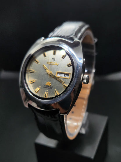 Vintage Ricoh R31 Automatic Silver Face New Strap 21 Jewels Day-Date Men's Wrist Watch AS22