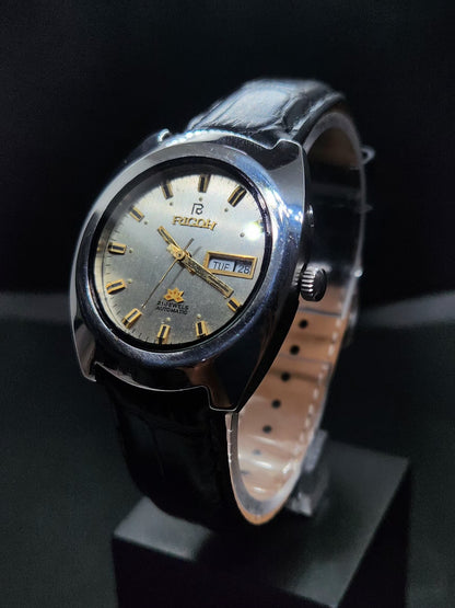Vintage Ricoh R31 Automatic Silver Face New Strap 21 Jewels Day-Date Men's Wrist Watch AS22