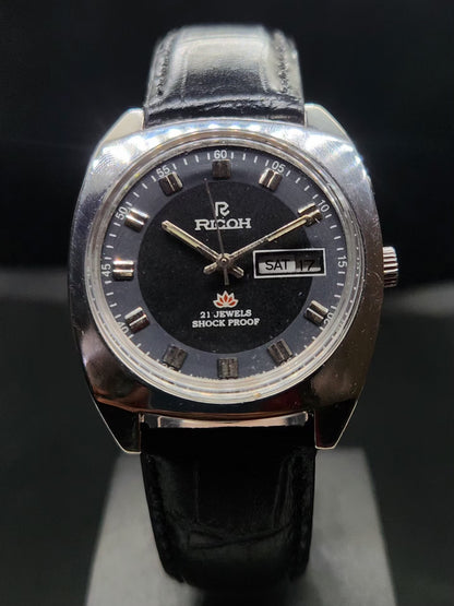 Vintage Ricoh R31 Automatic Black Face New Strap 21 Jewels Day-Date Men's Wrist Watch AS23