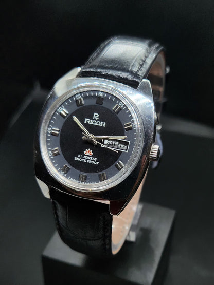 Vintage Ricoh R31 Automatic Black Face New Strap 21 Jewels Day-Date Men's Wrist Watch AS23