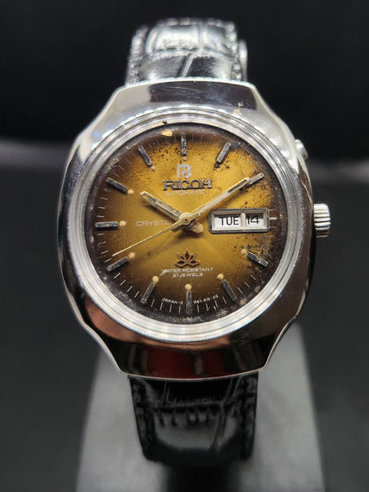 Vintage Ricoh R31 Automatic Gold Face New Strap 21 Jewels Day-Date Men's Wrist Watch AS24