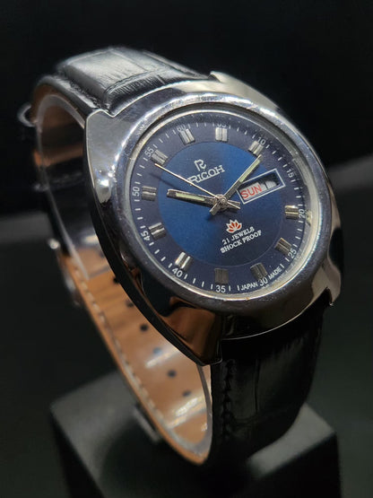Vintage Ricoh R31 Automatic Blue Face New Strap 21 Jewels Day-Date Men's Wrist Watch AS25