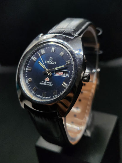 Vintage Ricoh R31 Automatic Blue Face New Strap 21 Jewels Day-Date Men's Wrist Watch AS25