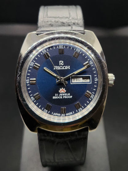 Vintage Ricoh R31 Automatic Blue Face New Strap 21 Jewels Day-Date Men's Wrist Watch AS26