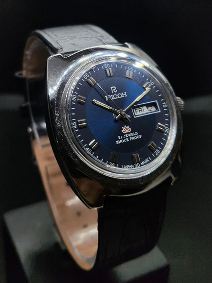 Vintage Ricoh R31 Automatic Blue Face New Strap 21 Jewels Day-Date Men's Wrist Watch AS26