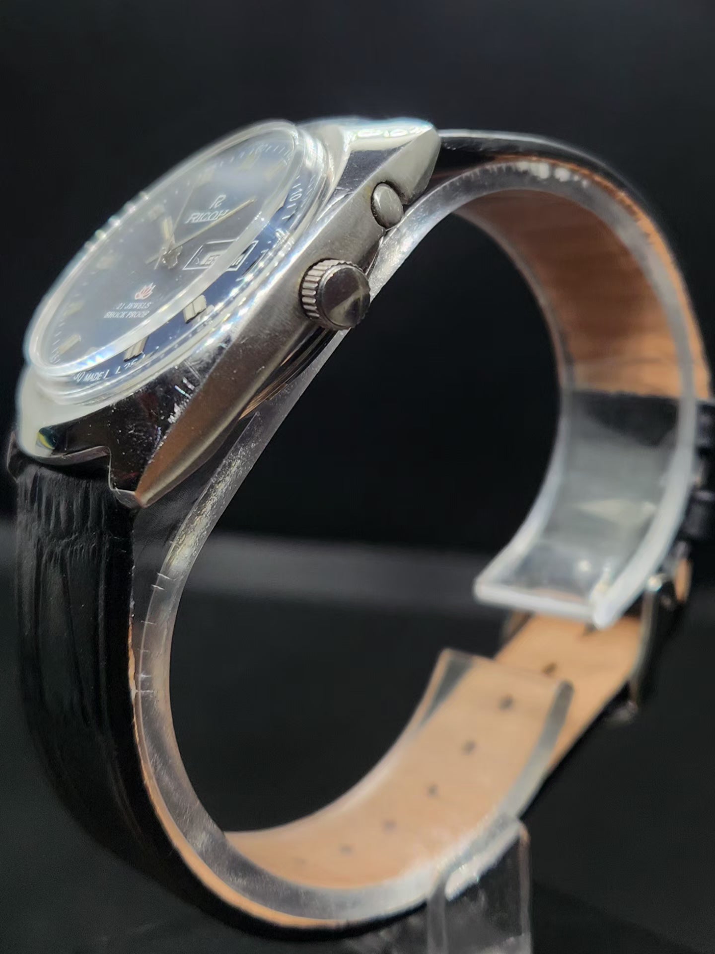 Vintage Ricoh R31 Automatic Blue Face New Strap 21 Jewels Day-Date Men's Wrist Watch AS26