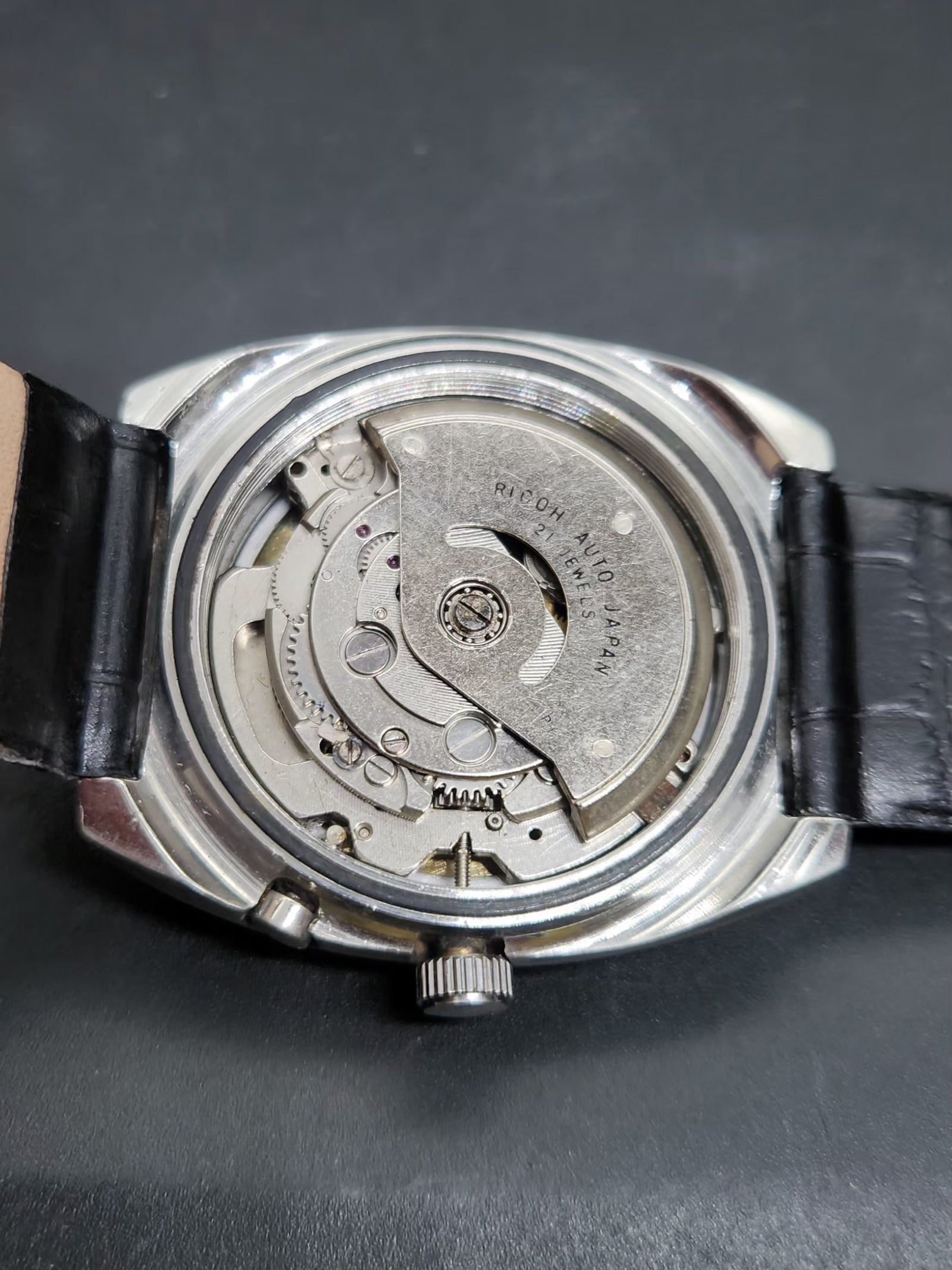 Vintage Ricoh R31 Automatic Blue Face New Strap 21 Jewels Day-Date Men's Wrist Watch AS26