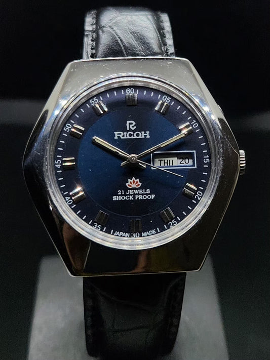 Vintage Ricoh R31 Automatic Blue Face New Strap 21 Jewels Day-Date Men's Wrist Watch AS27