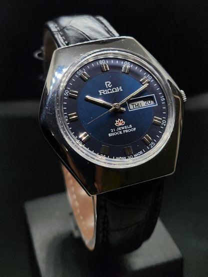 Vintage Ricoh R31 Automatic Blue Face New Strap 21 Jewels Day-Date Men's Wrist Watch AS27