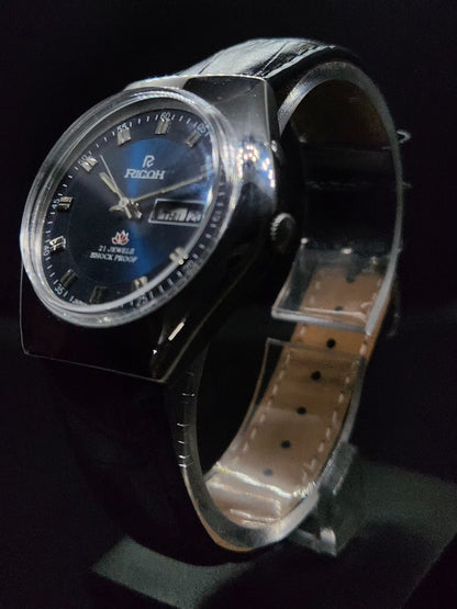 Vintage Ricoh R31 Automatic Blue Face New Strap 21 Jewels Day-Date Men's Wrist Watch AS27