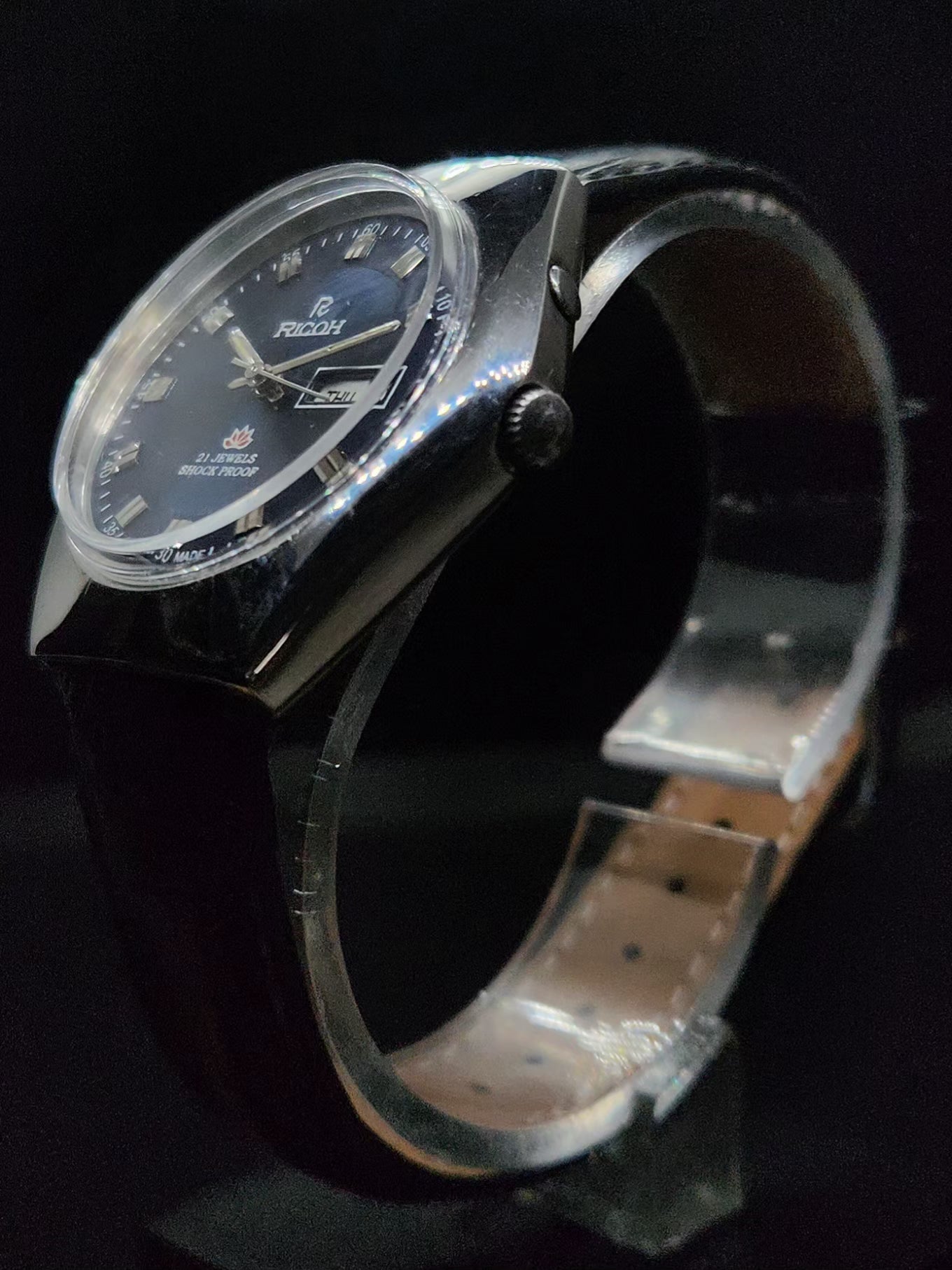 Vintage Ricoh R31 Automatic Blue Face New Strap 21 Jewels Day-Date Men's Wrist Watch AS27