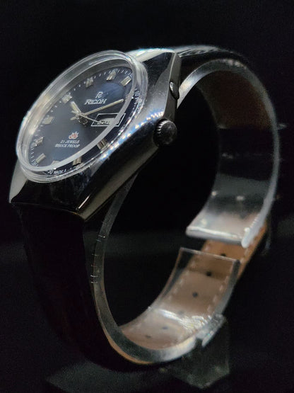 Vintage Ricoh R31 Automatic Blue Face New Strap 21 Jewels Day-Date Men's Wrist Watch AS27