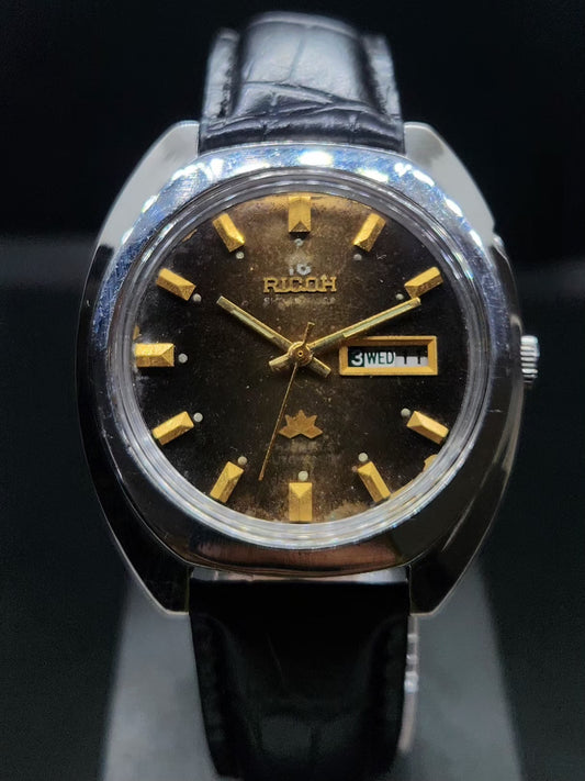 Vintage Ricoh R31 Automatic Brown Face New Strap 21 Jewels Day-Date Men's Wrist Watch AS29