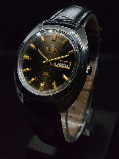 Vintage Ricoh R31 Automatic Brown Face New Strap 21 Jewels Day-Date Men's Wrist Watch AS29