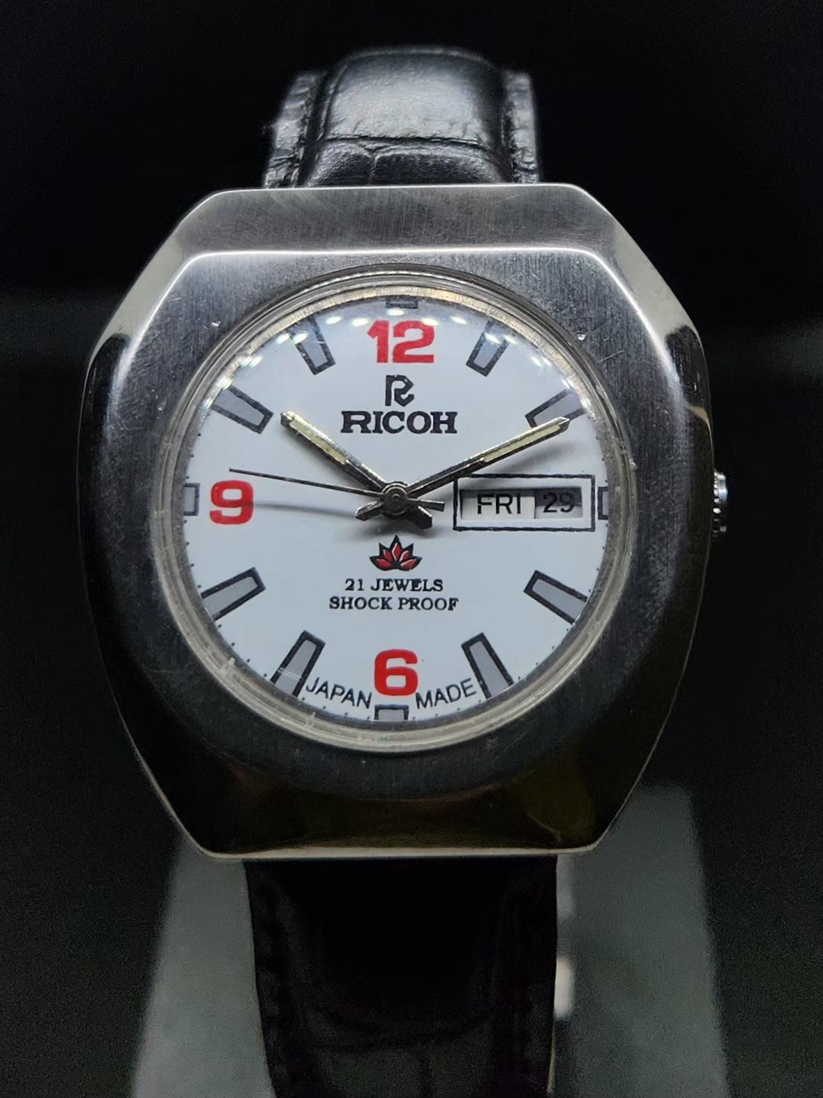 Vintage Ricoh R31 Automatic White Face New Strap 21 Jewels Day-Date Men's Wrist Watch AS30