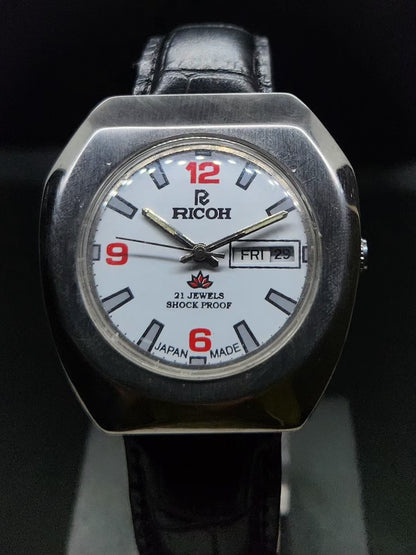 Vintage Ricoh R31 Automatic White Face New Strap 21 Jewels Day-Date Men's Wrist Watch AS30