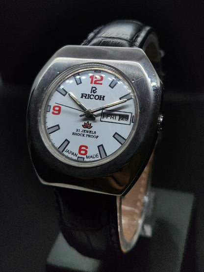 Vintage Ricoh R31 Automatic White Face New Strap 21 Jewels Day-Date Men's Wrist Watch AS30