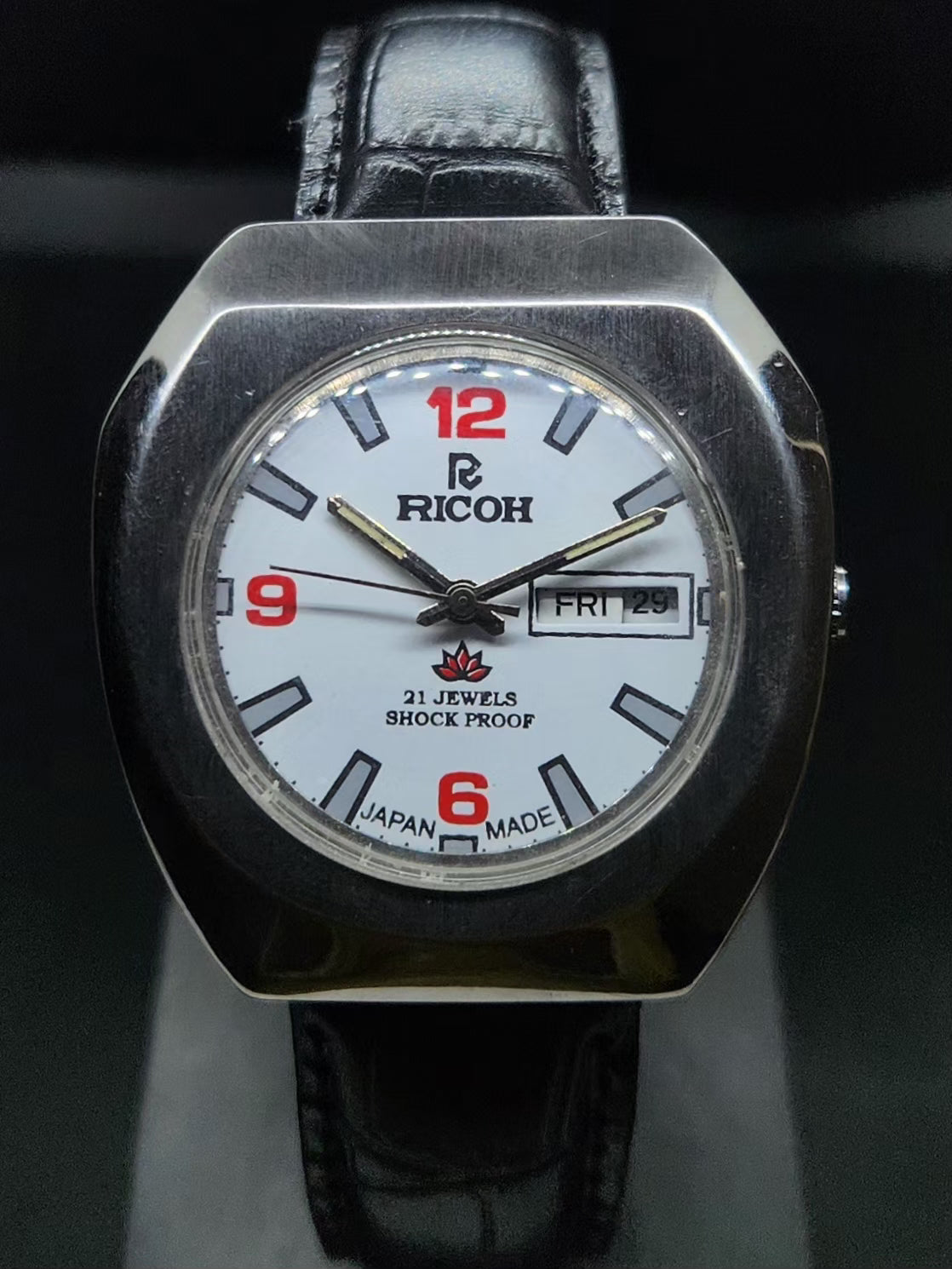 Vintage Ricoh R31 Automatic White Face New Strap 21 Jewels Day-Date Men's Wrist Watch AS30
