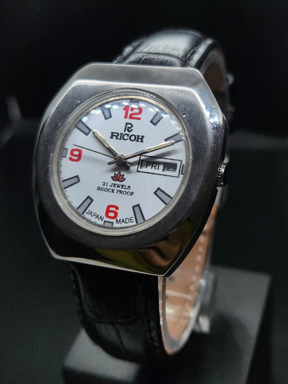 Vintage Ricoh R31 Automatic White Face New Strap 21 Jewels Day-Date Men's Wrist Watch AS30